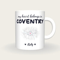 Personalised Coventry Map Mug, My Heart Belongs In Coventry, front