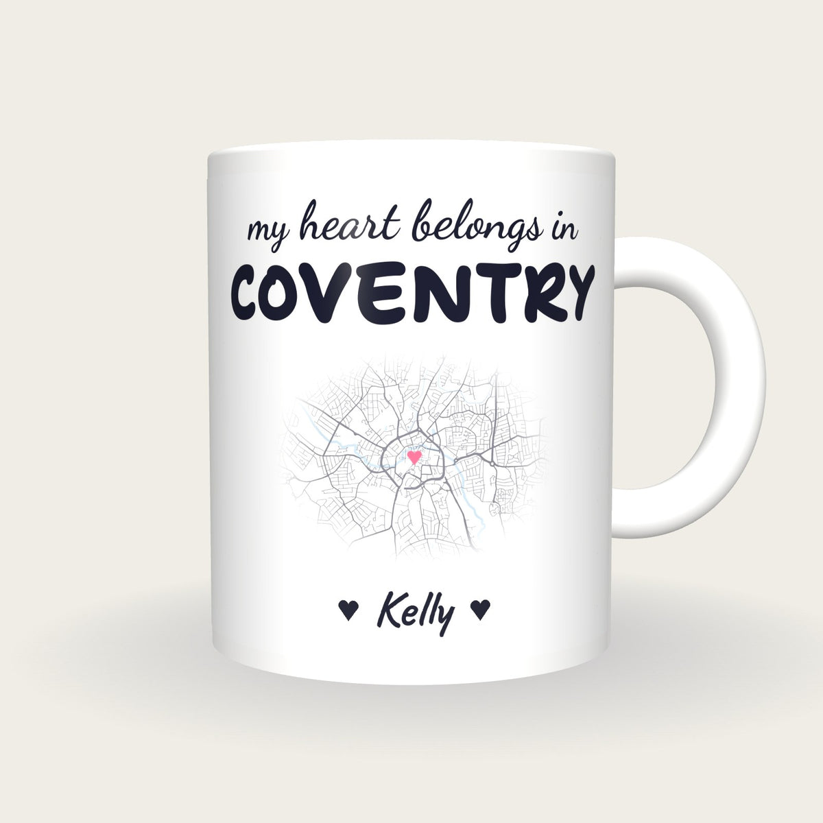 Personalised Coventry Map Mug, My Heart Belongs In Coventry, front