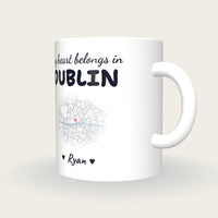 Personalised Dublin Map Mug, My Heart Belongs In Dublin, three-quarter view