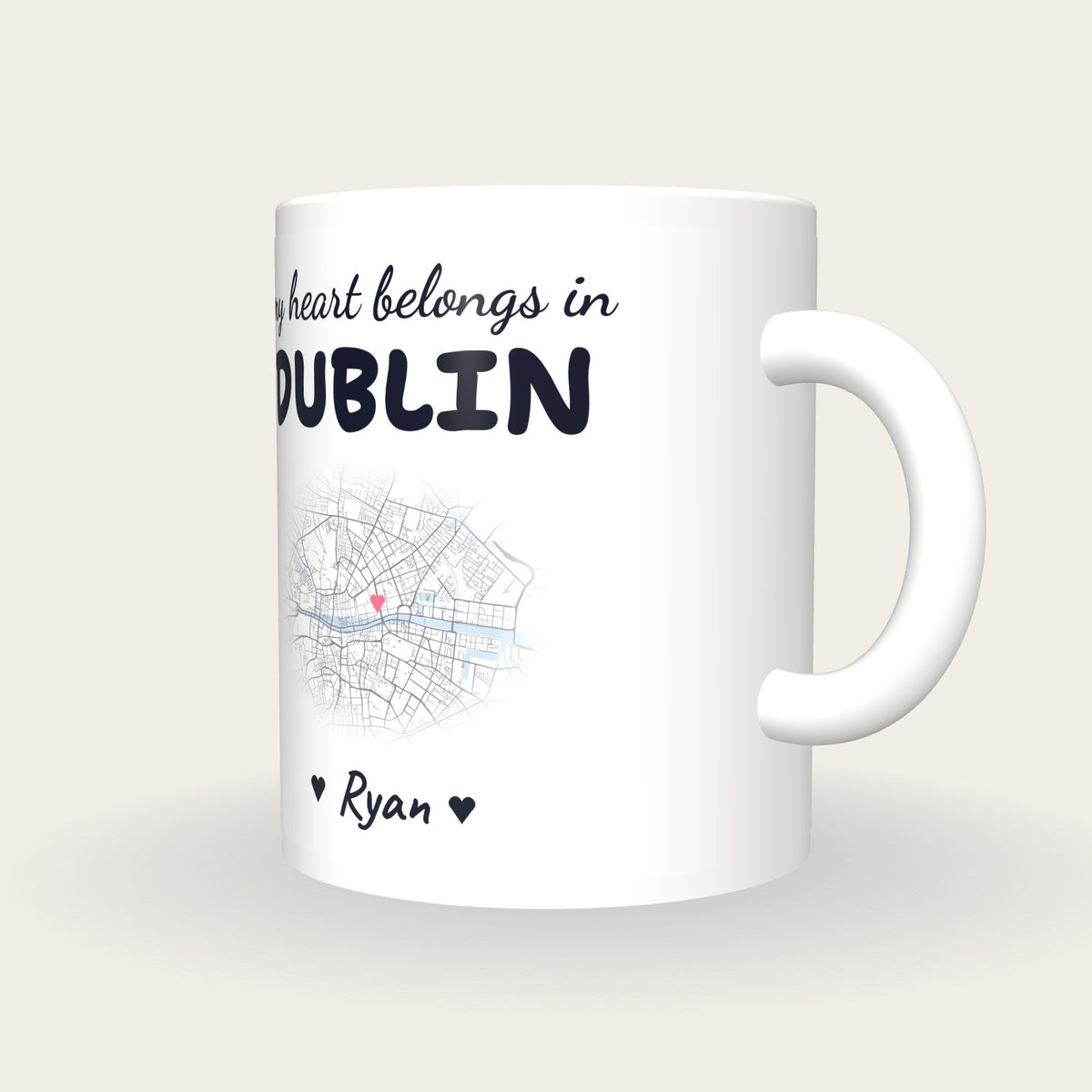 Personalised Dublin Map Mug, My Heart Belongs In Dublin, three-quarter view