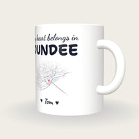 Personalised Dundee Map Mug, My Heart Belongs In Dundee, three-quarter view