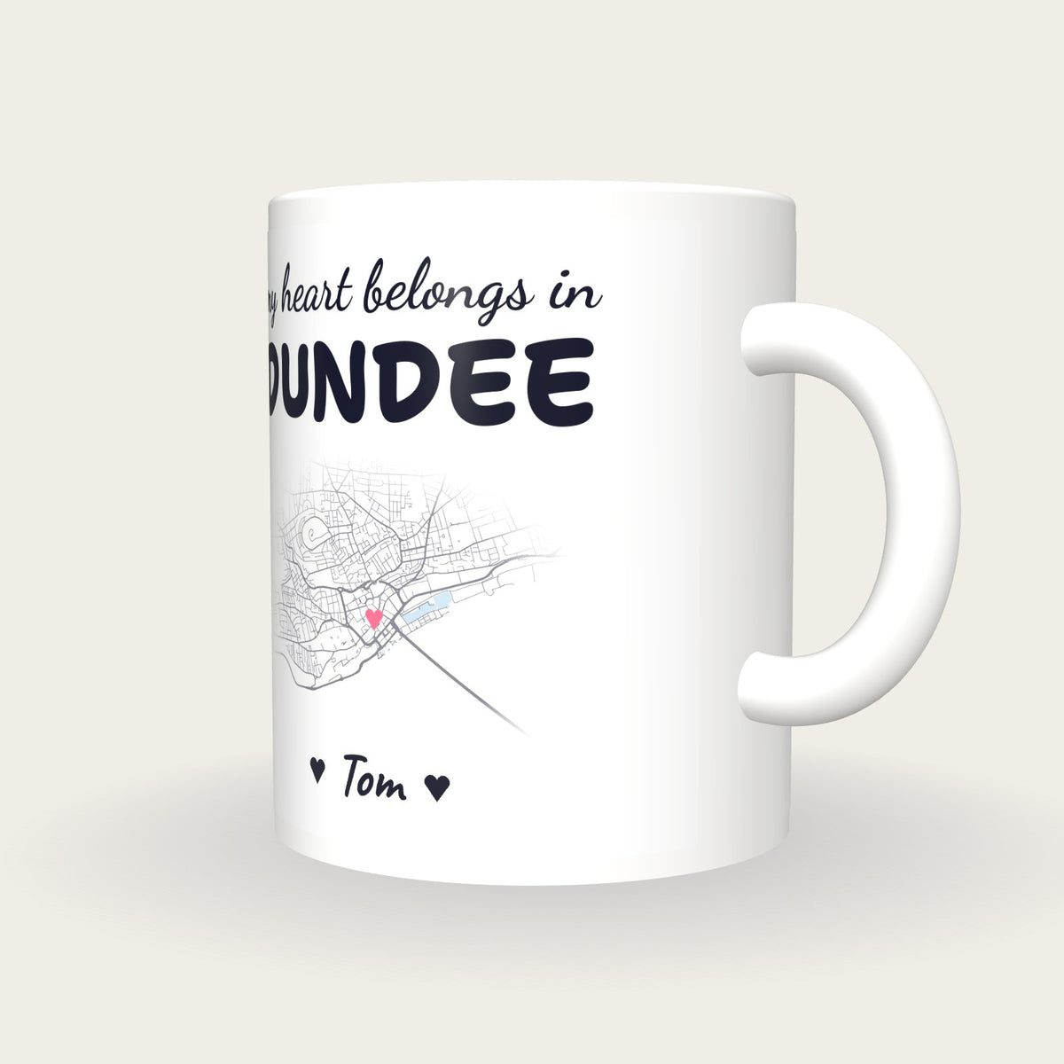 Personalised Dundee Map Mug, My Heart Belongs In Dundee, three-quarter view