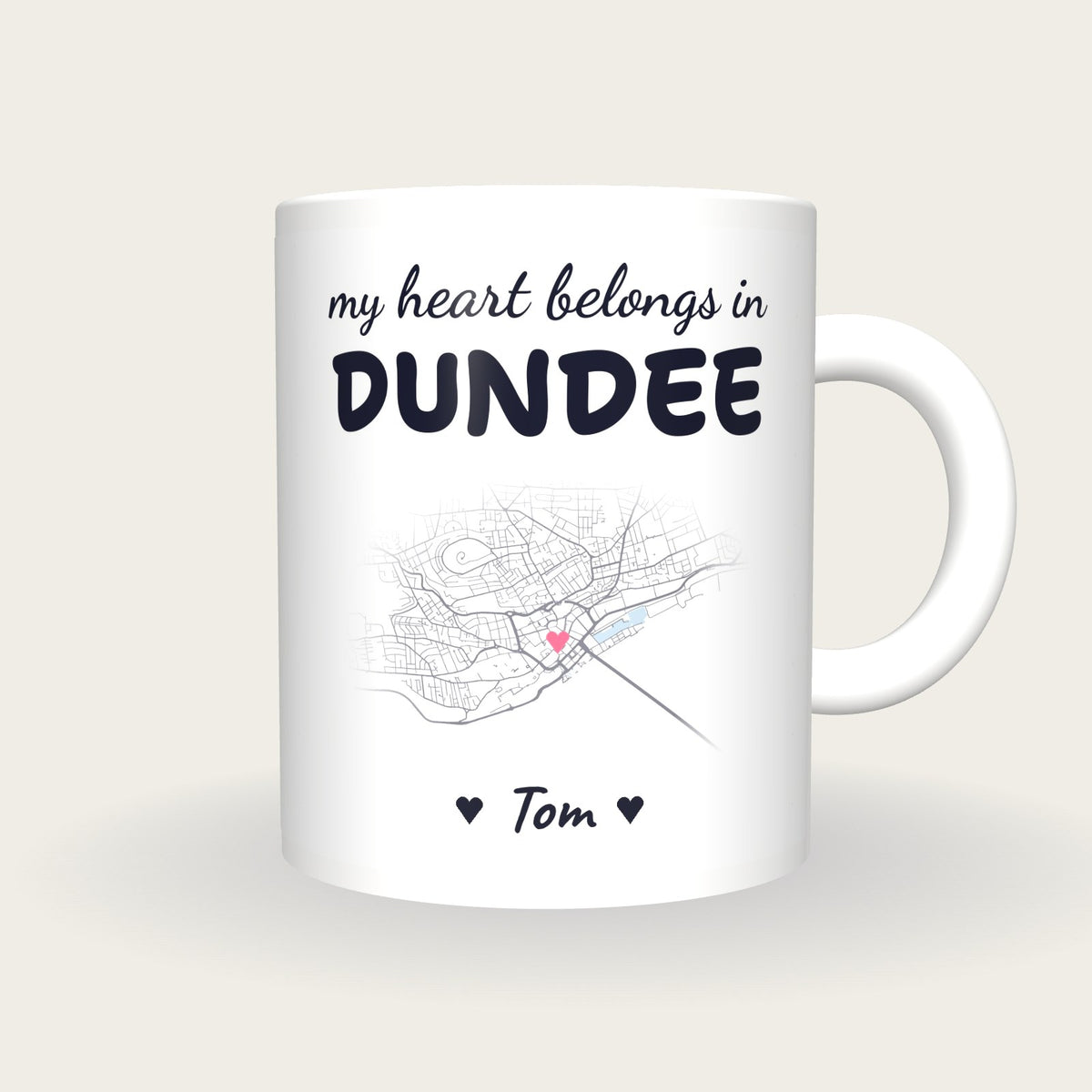 Personalised Dundee Map Mug, My Heart Belongs In Dundee, front
