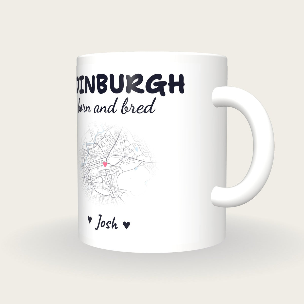 Personalised Edinburgh Map Mug, Edinburgh Born And Bred, three-quarter view