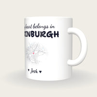 Personalised Edinburgh Map Mug, My Heart Belongs In Edinburgh, three-quarter view