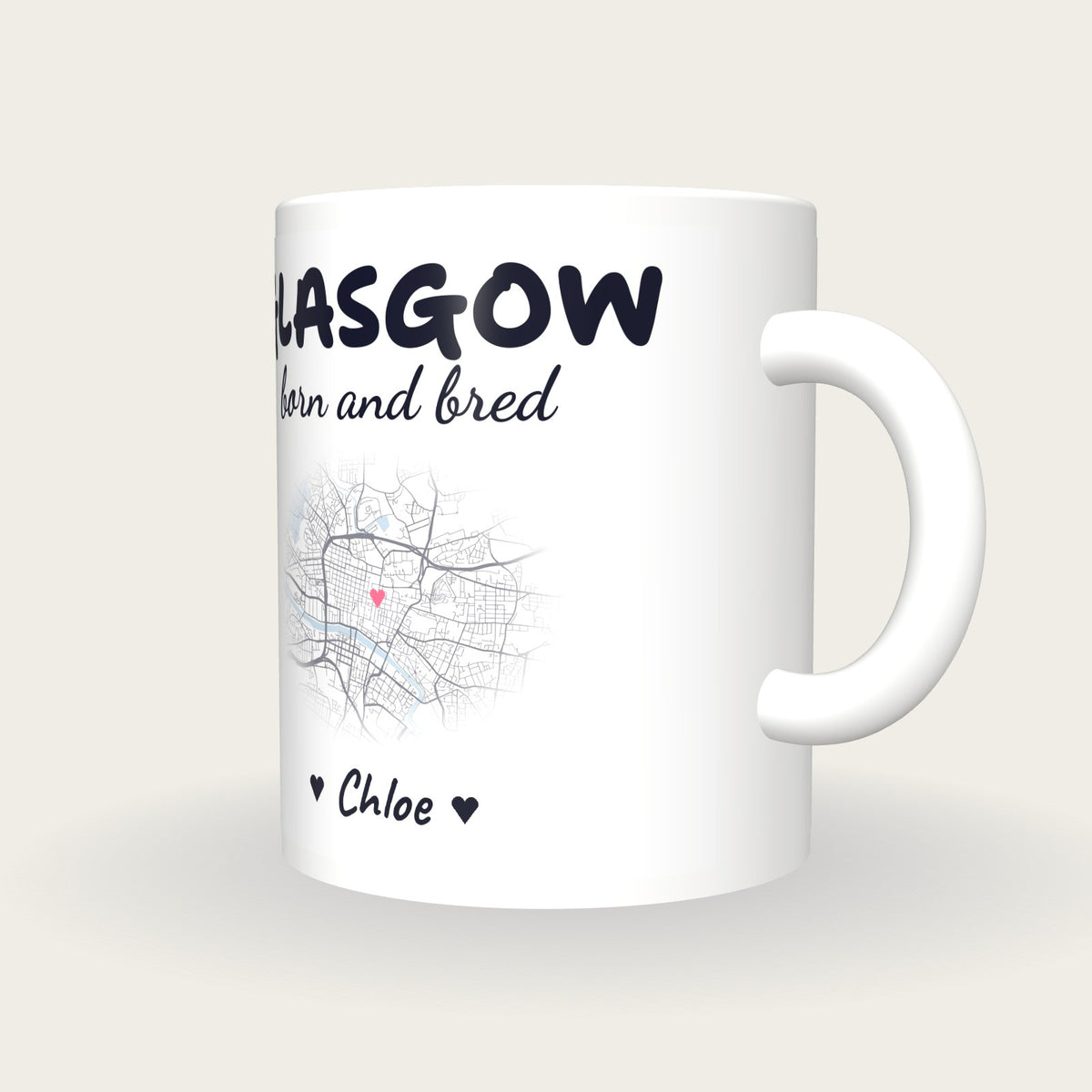 Personalised Glasgow Map Mug, Glasgow Born And Bred, three-quarter view