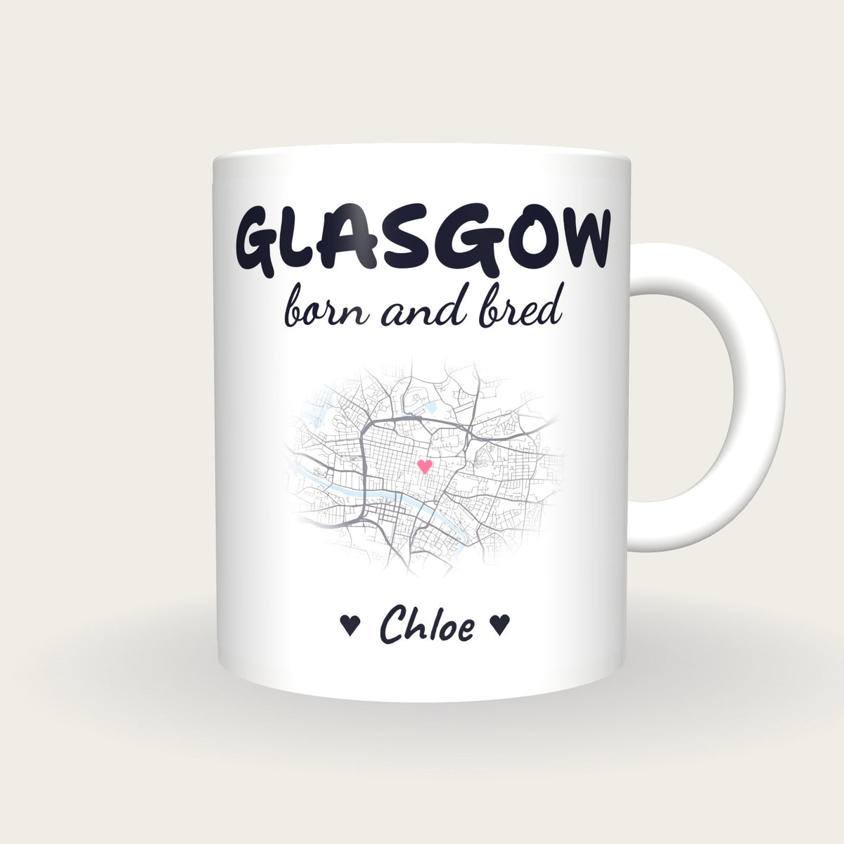 Personalised Glasgow Map Mug, Glasgow Born And Bred, front