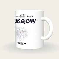 Personalised Glasgow Map Mug, My Heart Belongs In Glasgow, three-quarter view
