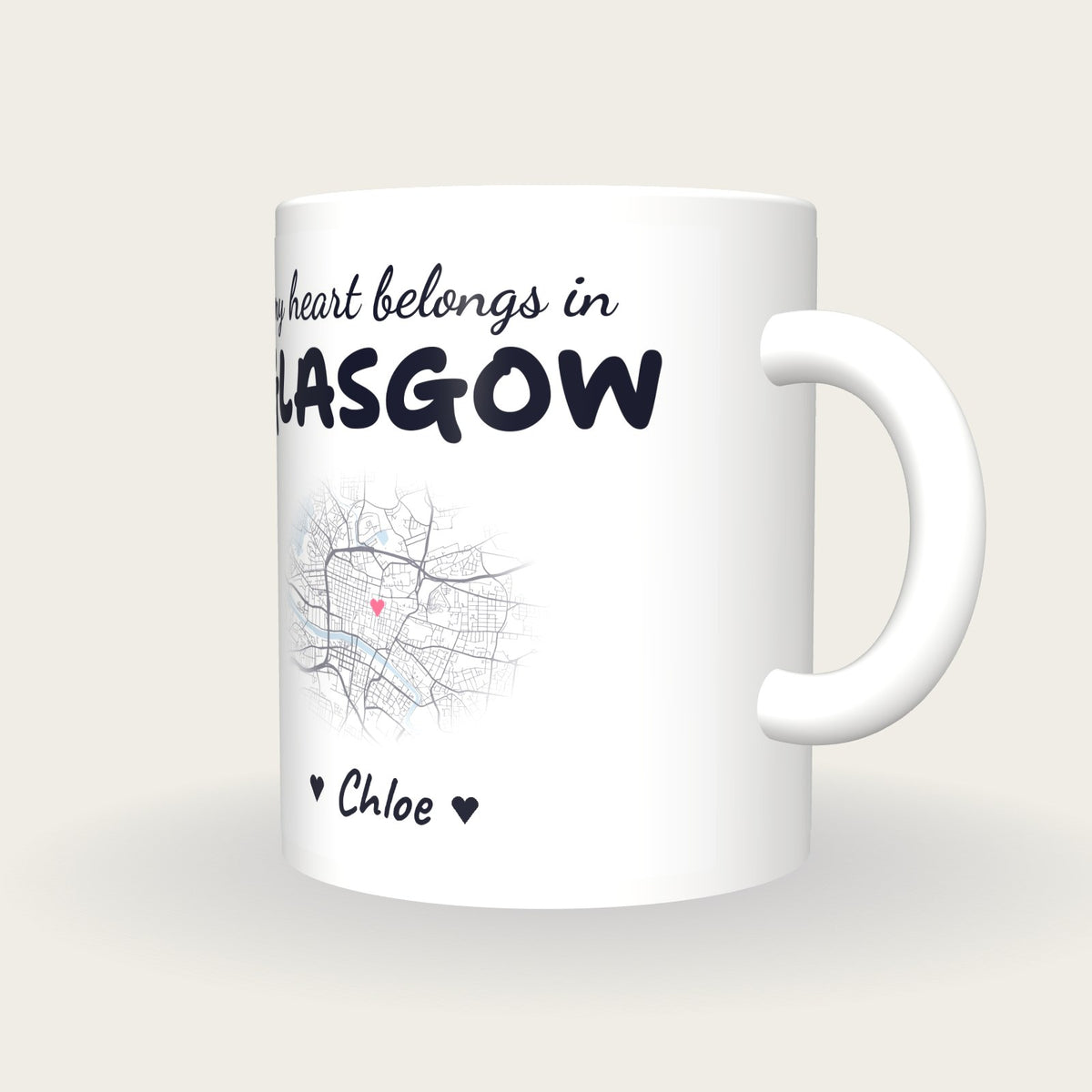Personalised Glasgow Map Mug, My Heart Belongs In Glasgow, three-quarter view