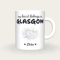 Personalised Glasgow Map Mug, My Heart Belongs In Glasgow, front