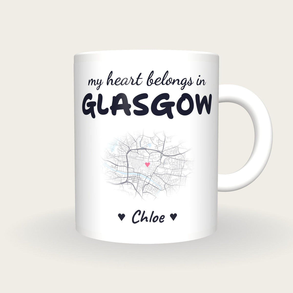 Personalised Glasgow Map Mug, My Heart Belongs In Glasgow, front