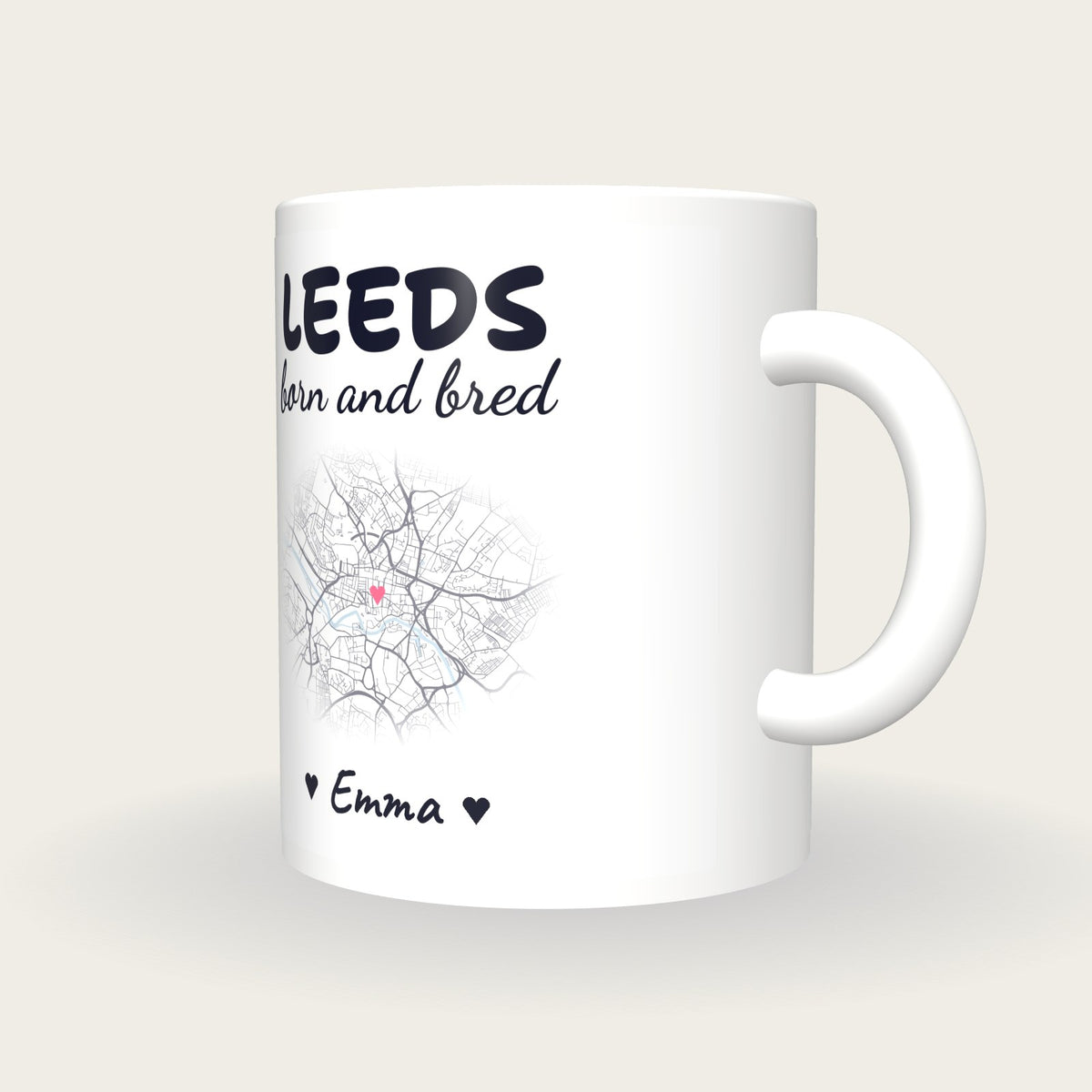Personalised Leeds Map Mug, Leeds Born And Bred, three-quarter view