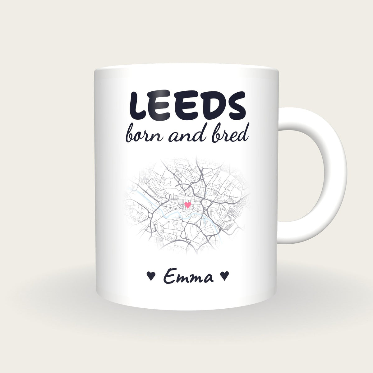 Personalised Leeds Map Mug, Leeds Born And Bred, front