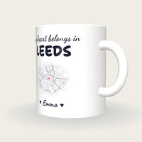 Personalised Leeds Map Mug, My Heart Belongs In Leeds, three-quarter view