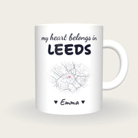 Personalised Leeds Map Mug, My Heart Belongs In Leeds, front