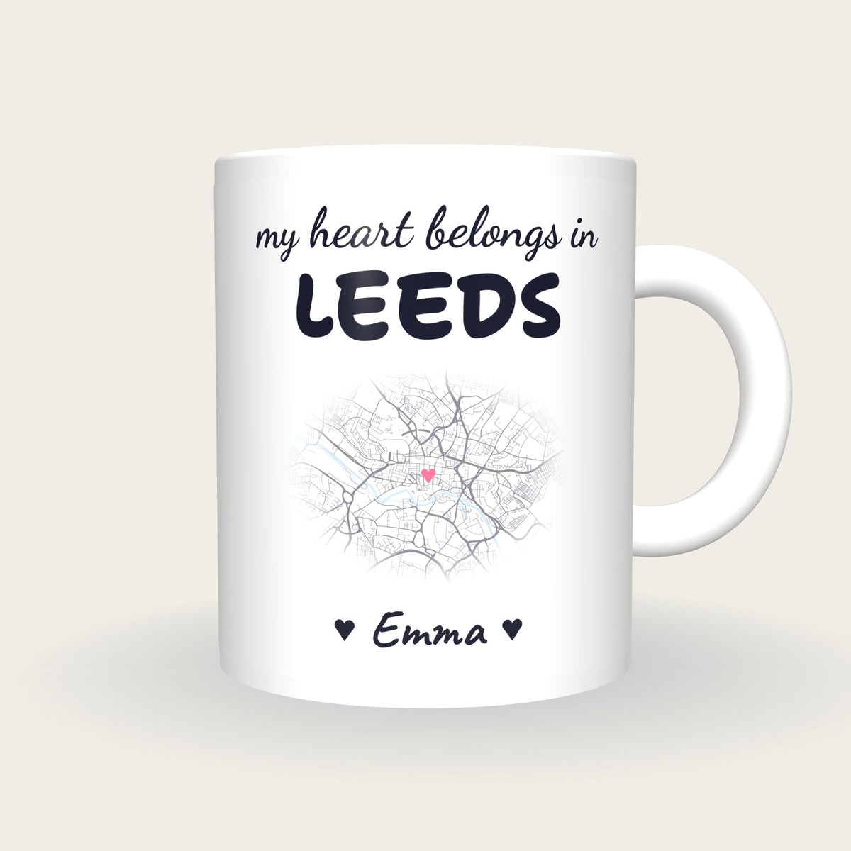 Personalised Leeds Map Mug, My Heart Belongs In Leeds, front