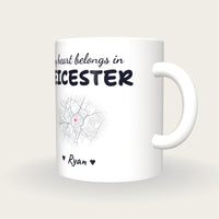 Personalised Leicester Map Mug, My Heart Belongs In Leicester, three-quarter view