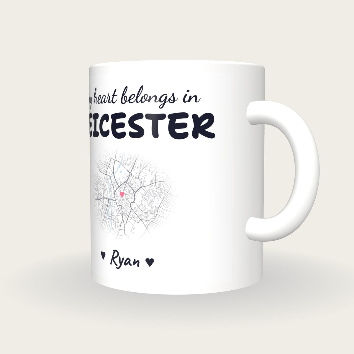 Personalised Leicester Map Mug, My Heart Belongs In Leicester, three-quarter view