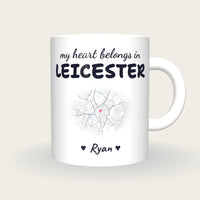 Personalised Leicester Map Mug, My Heart Belongs In Leicester, front