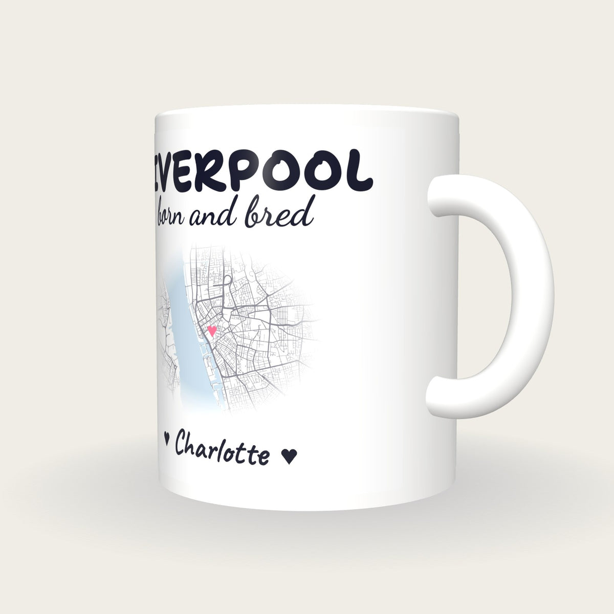 Personalised Liverpool Map Mug, Liverpool Born And Bred, three-quarter view