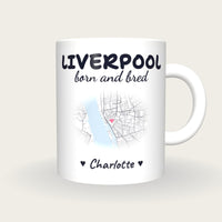 Personalised Liverpool Map Mug, Liverpool Born And Bred, front