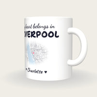 Personalised Liverpool Map Mug, My Heart Belongs In Liverpool, three-quarter view