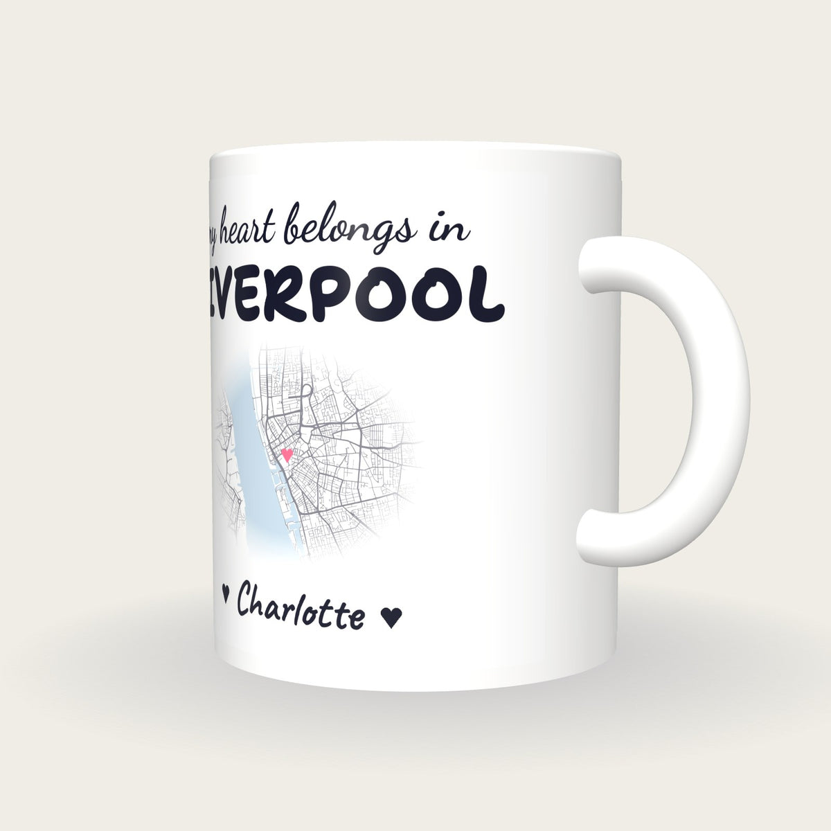 Personalised Liverpool Map Mug, My Heart Belongs In Liverpool, three-quarter view