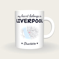 Personalised Liverpool Map Mug, My Heart Belongs In Liverpool, front