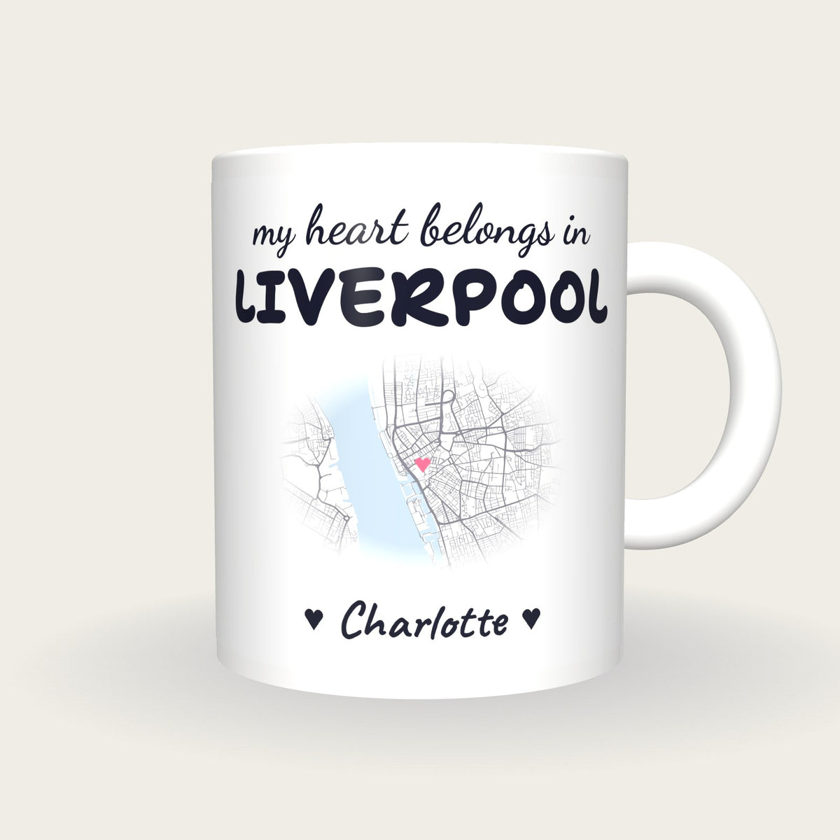 Personalised Liverpool Map Mug, My Heart Belongs In Liverpool, front