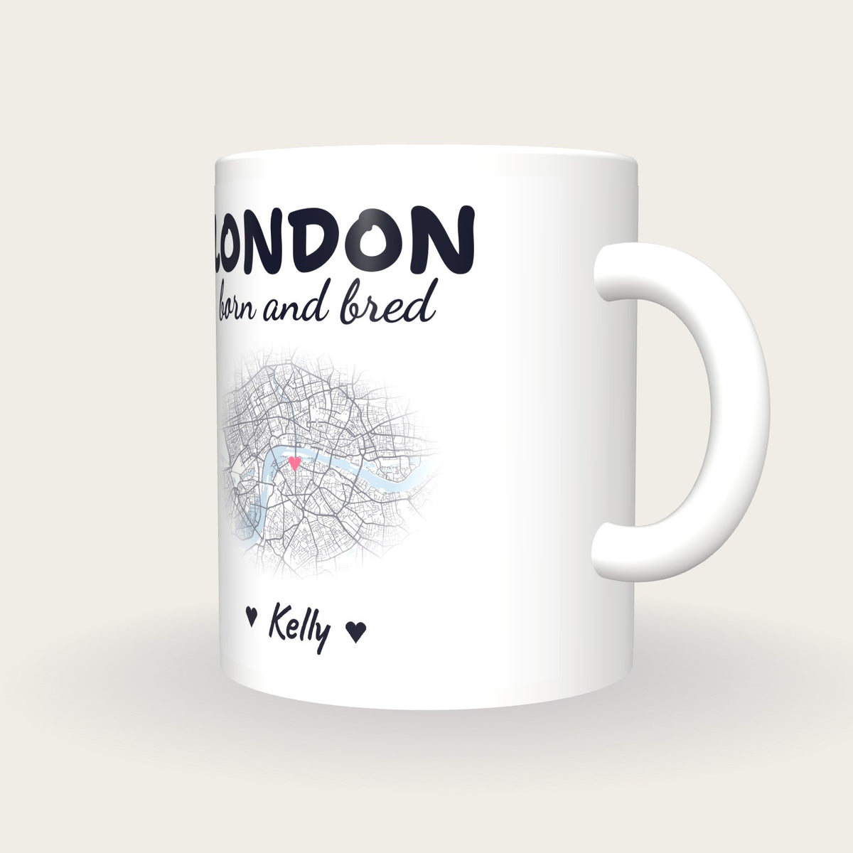 Personalised London Map Mug, London Born And Bred, three-quarter view