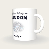 Personalised London Map Mug, My Heart Belongs In London, three-quarter view