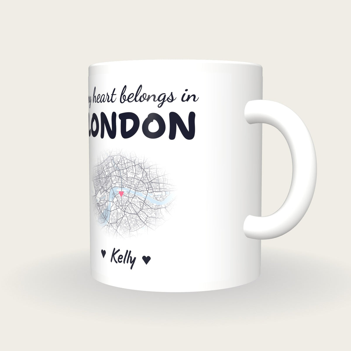 Personalised London Map Mug, My Heart Belongs In London, three-quarter view