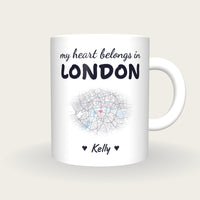 Personalised London Map Mug, My Heart Belongs In London, front
