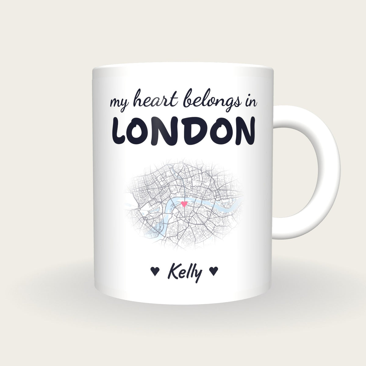 Personalised London Map Mug, My Heart Belongs In London, front