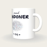 Personalised London Map Mug, Proud Londoner, three-quarter view