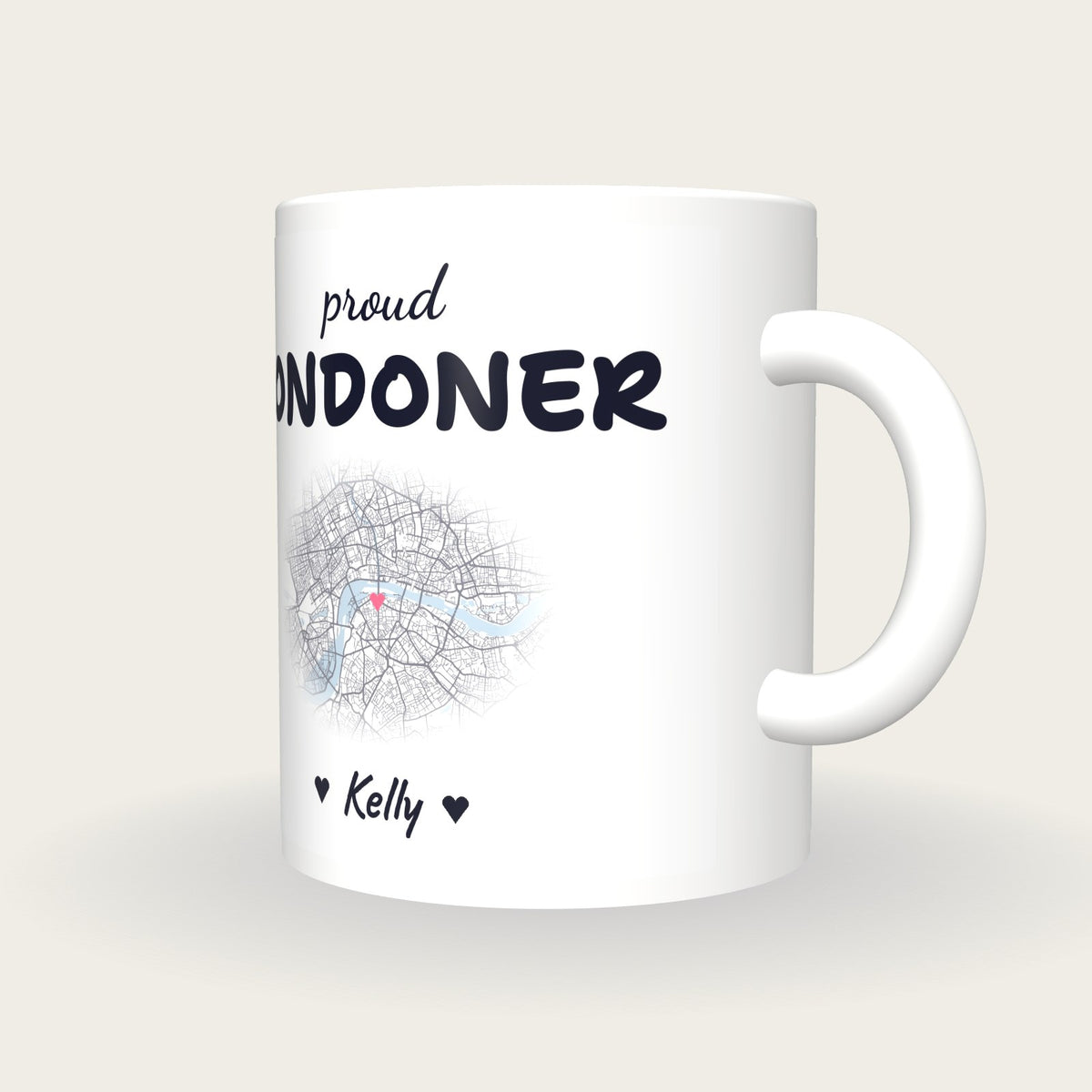 Personalised London Map Mug, Proud Londoner, three-quarter view
