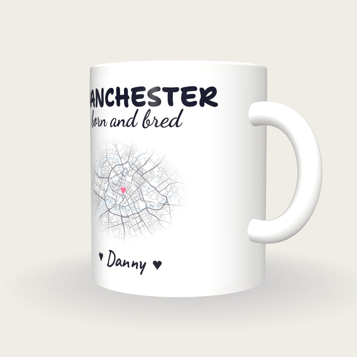 Personalised Manchester Map Mug, Manchester Born And Bred, three-quarter view
