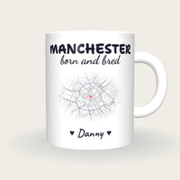 Personalised Manchester Map Mug, Manchester Born And Bred, front
