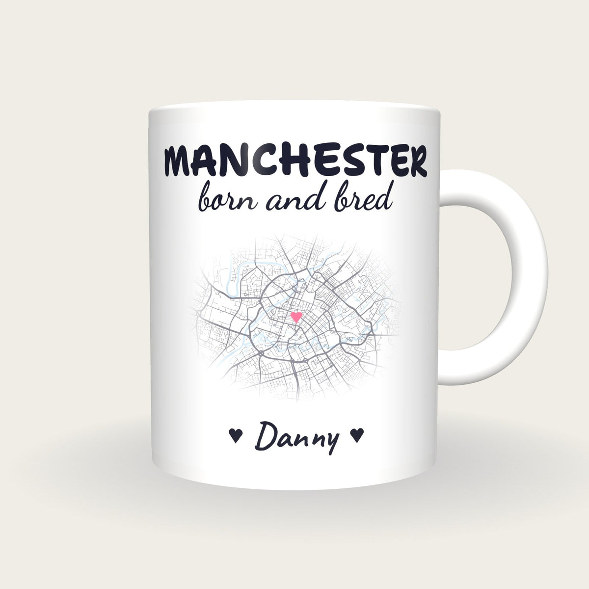 Personalised Manchester Map Mug, Manchester Born And Bred, front