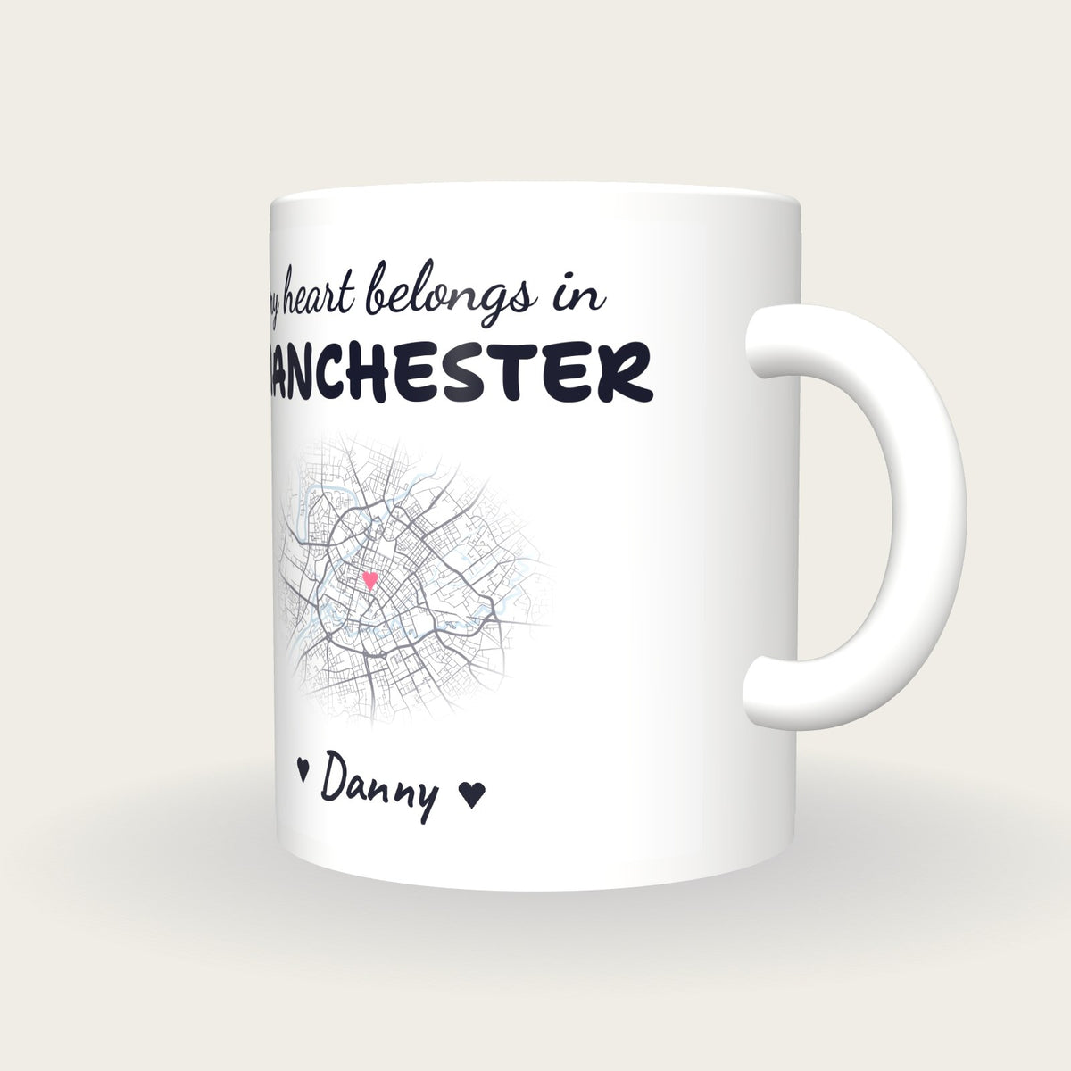 Personalised Manchester Map Mug, My Heart Belongs In Manchester, three-quarter view