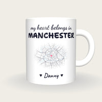 Personalised Manchester Map Mug, My Heart Belongs In Manchester, front