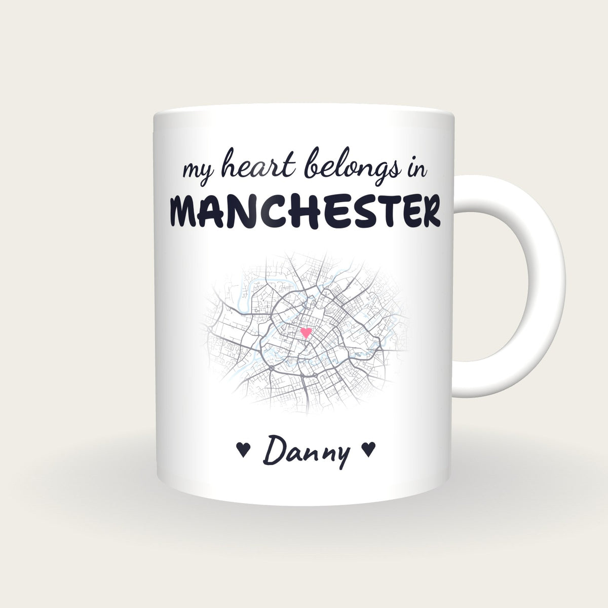 Personalised Manchester Map Mug, My Heart Belongs In Manchester, front