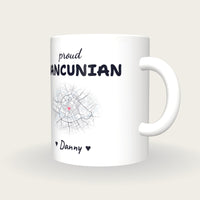 Personalised Manchester Map Mug, Proud Mancunian, three-quarter view