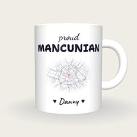 Personalised Manchester Map Mug, Proud Mancunian, front