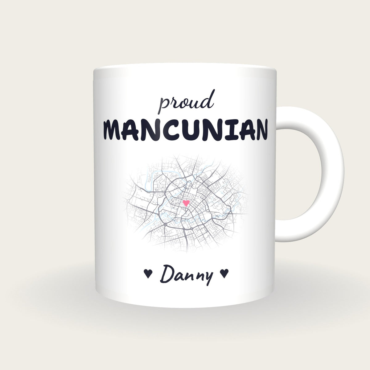 Personalised Manchester Map Mug, Proud Mancunian, front