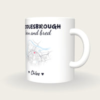 Personalised Middlesbrough Map Mug, Middlesbrough Born And Bred, three-quarter view