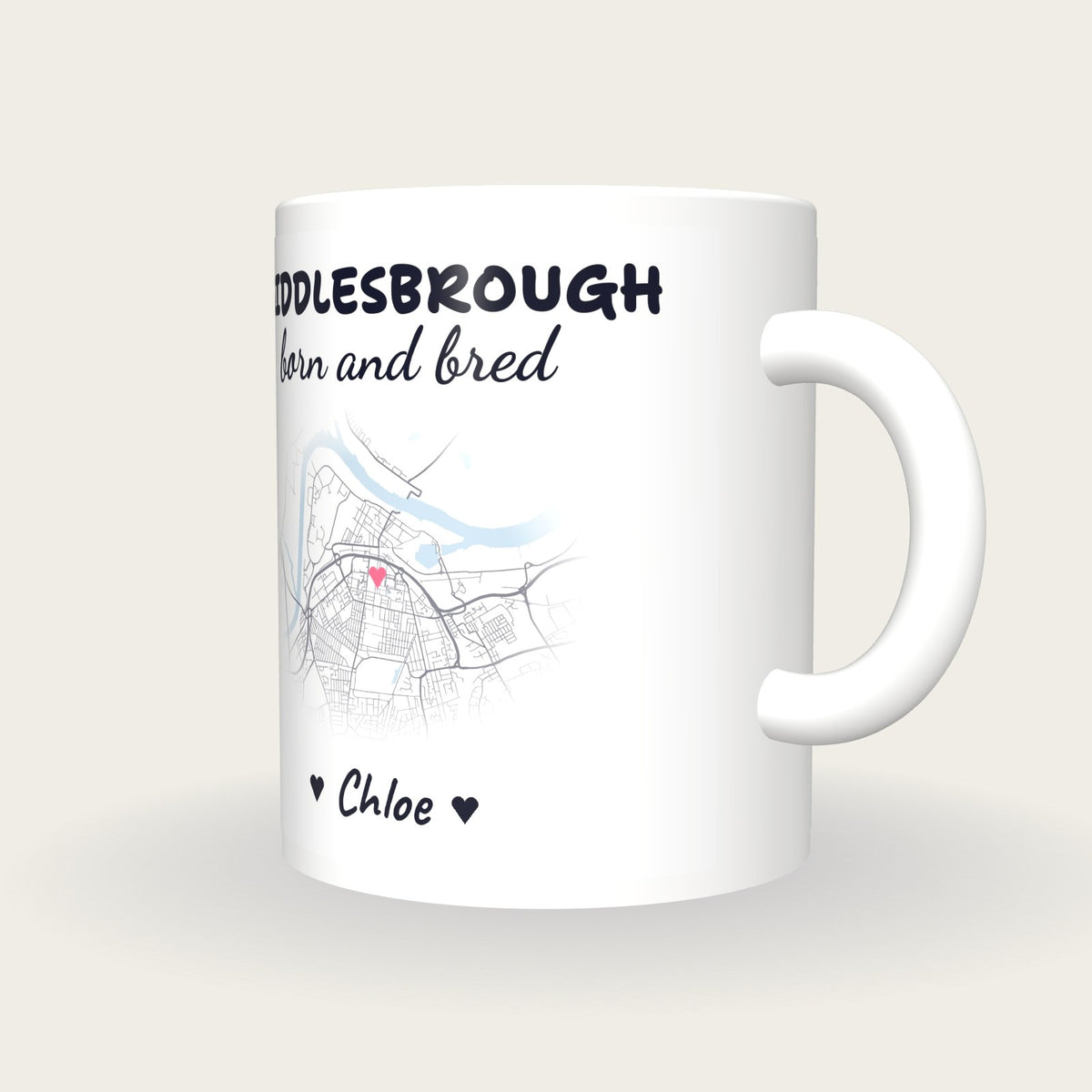 Personalised Middlesbrough Map Mug, Middlesbrough Born And Bred, three-quarter view