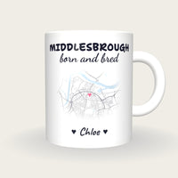 Personalised Middlesbrough Map Mug, Middlesbrough Born And Bred, front