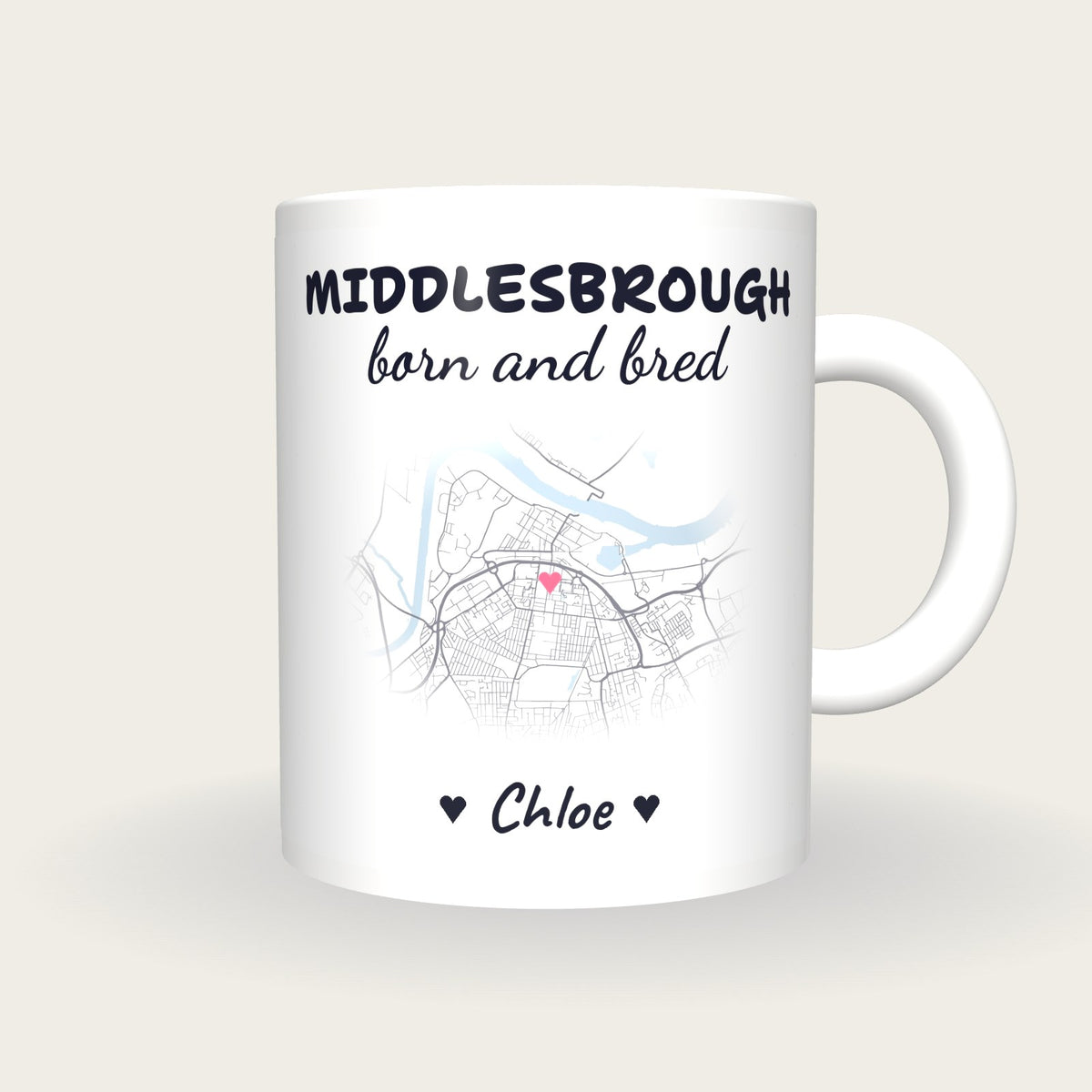 Personalised Middlesbrough Map Mug, Middlesbrough Born And Bred, front