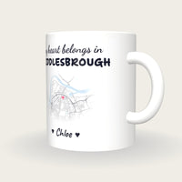 Personalised Middlesbrough Map Mug, My Heart Belongs In Middlesbrough, three-quarter view